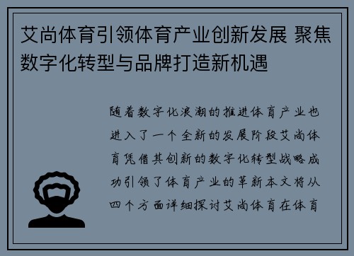 艾尚体育引领体育产业创新发展 聚焦数字化转型与品牌打造新机遇