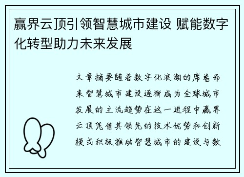 赢界云顶引领智慧城市建设 赋能数字化转型助力未来发展